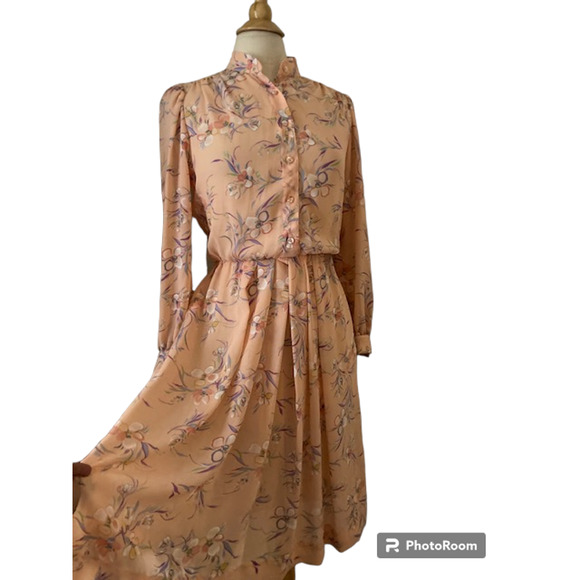 BIG SALE! Vintage 70's Matti Of Lynne Peach Floral Dress - Size 8 - Picture 2 of 10